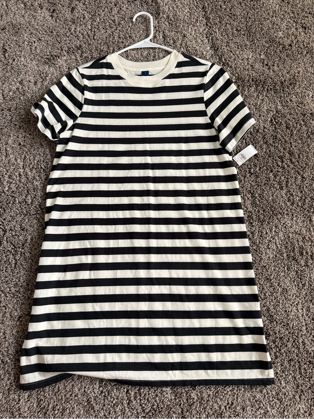 Blackish Grey and White Striped Dress- Classic Crewneck